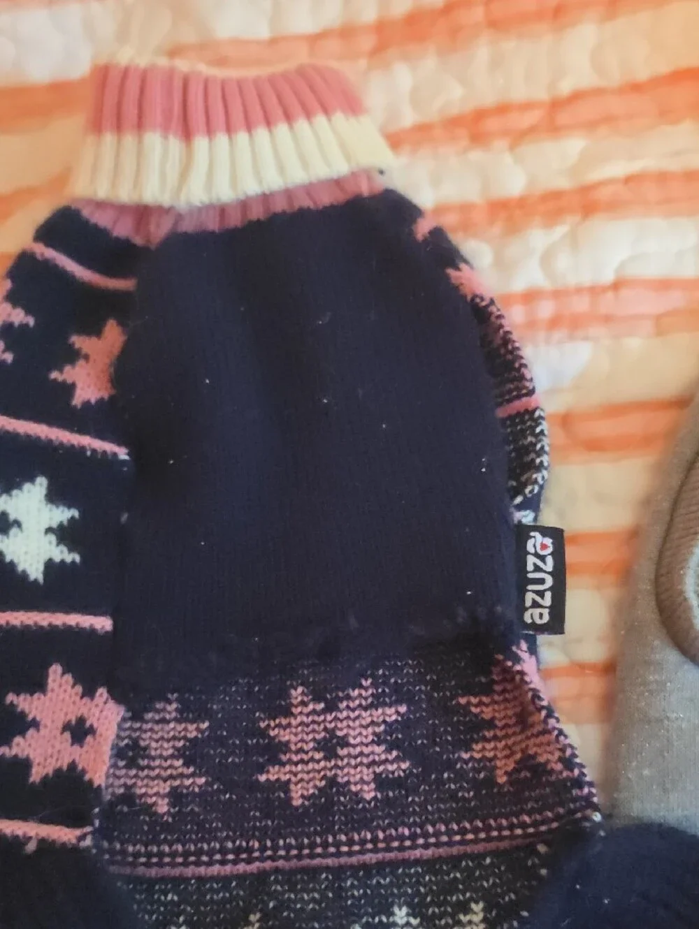 Gray Hooded Pet Sweater with Pink Sequin Bow + Navy Pink Knit Dress